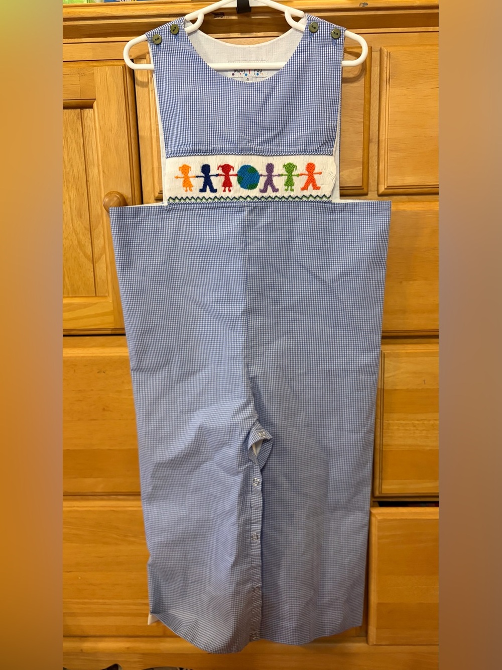 Molly Pop Boys' Classic Blue & White Gingham Longall w/Children Smocking Size 4